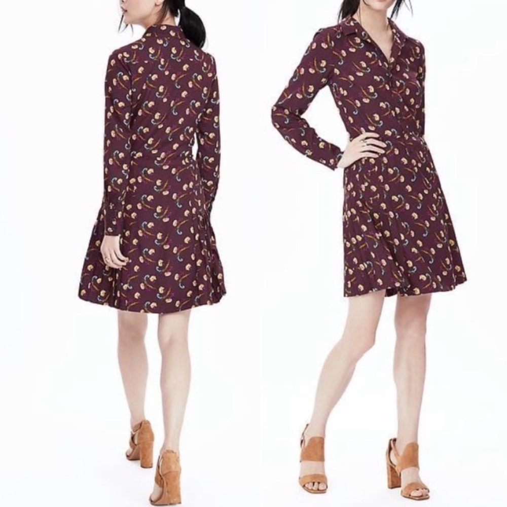 SOLD!   Banana Republic 4 P Burgundy Floral Dress Button Front Light Fit & Flare - Picture 2 of 7